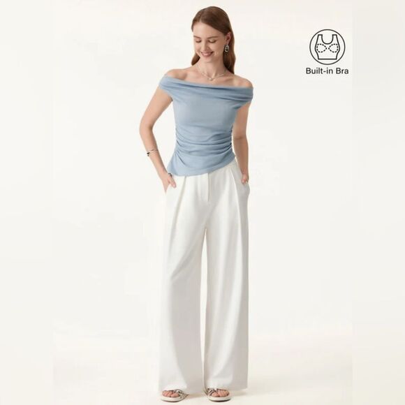 New OGL Cold Shoulder Cotton-Linen Gathered New Airy Brami - Arctic Fog Size M - Picture 10 of 10